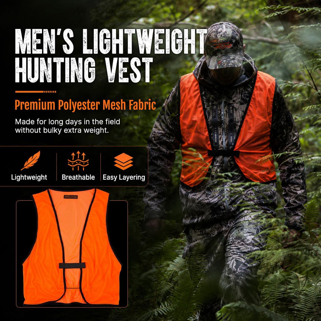 Lightweight Mesh Blaze Orange Hunting Safety Vest - Ultralightweight & Breathable, Visible Day & Night