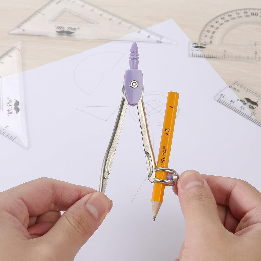 Geometry Set, 13 pcs, 3 Metal Compasses, Protractor, 6" Ruler | 45° & 30°/60° Set Squares, Pencils, Lead Refills
