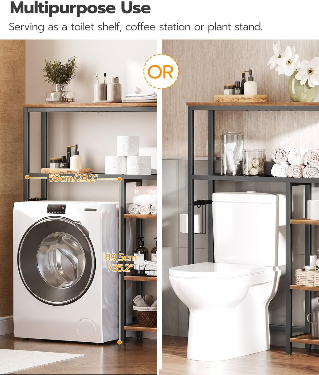 Over The Toilet Storage Cabinet, Freestanding Bathroom Organizer with Toilet Paper Holder, Hooks, 5-Tier Bathroom