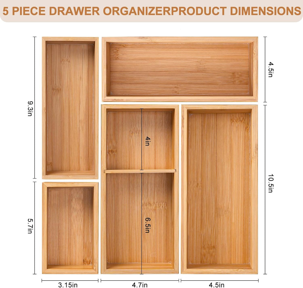 Bamboo Drawer Organizer 5 Pcs for Kitchen Multi-purpose Storage Dividers for Kitchen, Office, Jewelry, Cosmetics