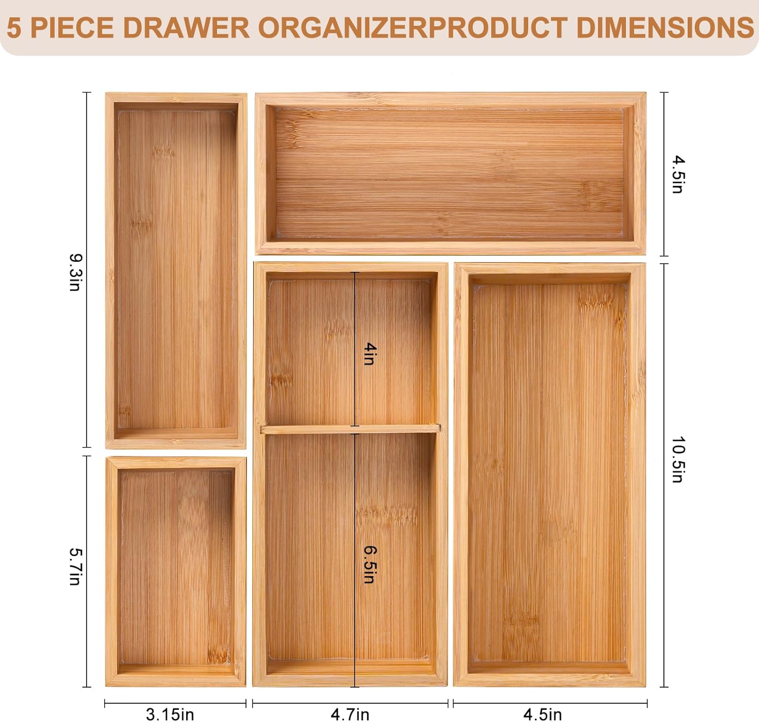 Bamboo Drawer Organizer 5 Pcs for Kitchen Multi-purpose Storage Dividers for Kitchen, Office, Jewelry, Cosmetics