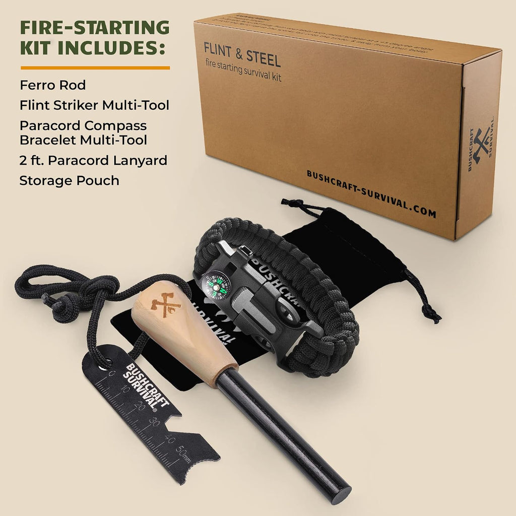Ferro Rod Fire Starter Kit & Backpacking Multitool | Flint and Steel Striker | Waterproof Magnesium Farrow Rod Tool &