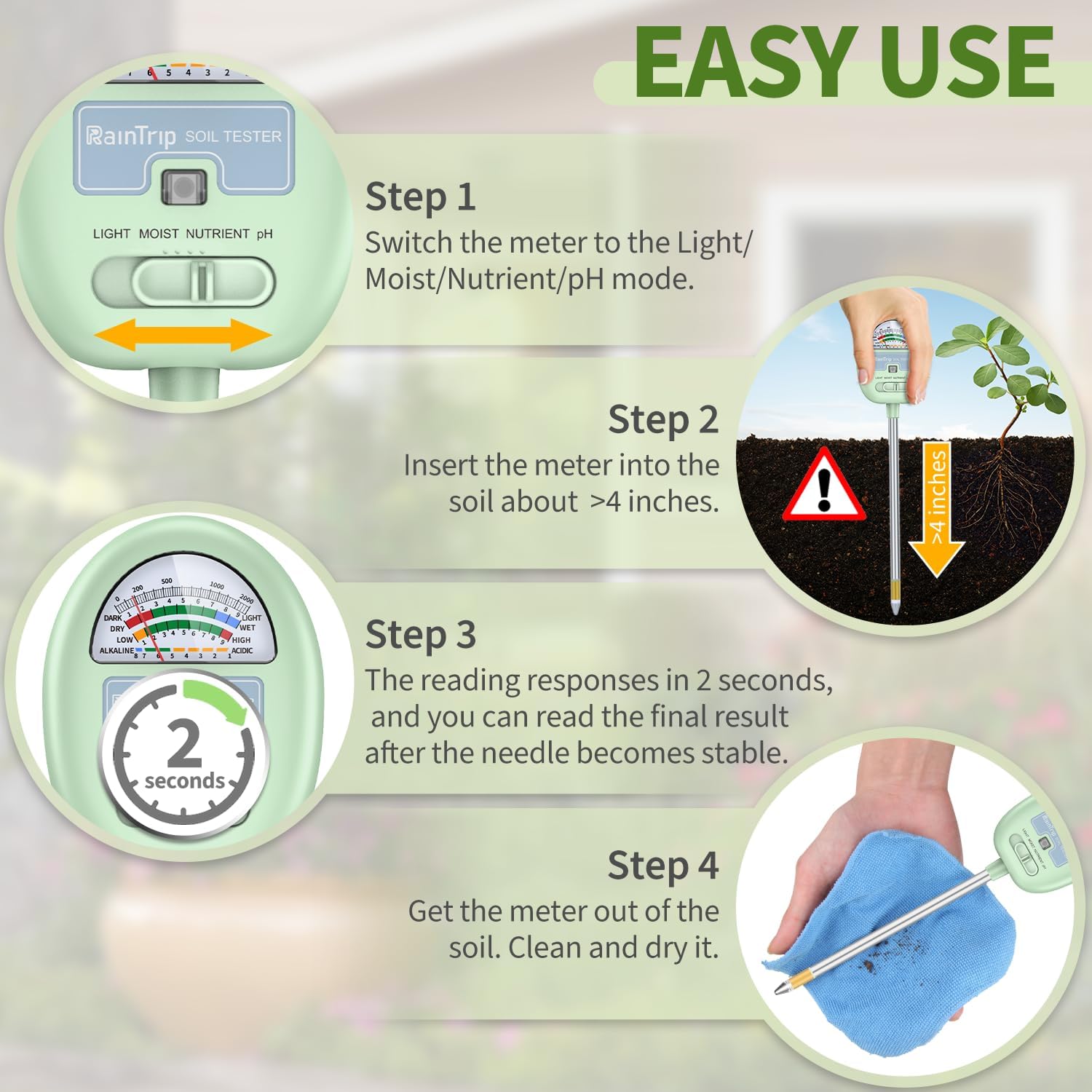Soil Moisture Meter,4-in-1 Soil Ph Meter, Soil Tester for Moisture, Light,Nutrients, pH,Soil Ph Test Kit, Great for