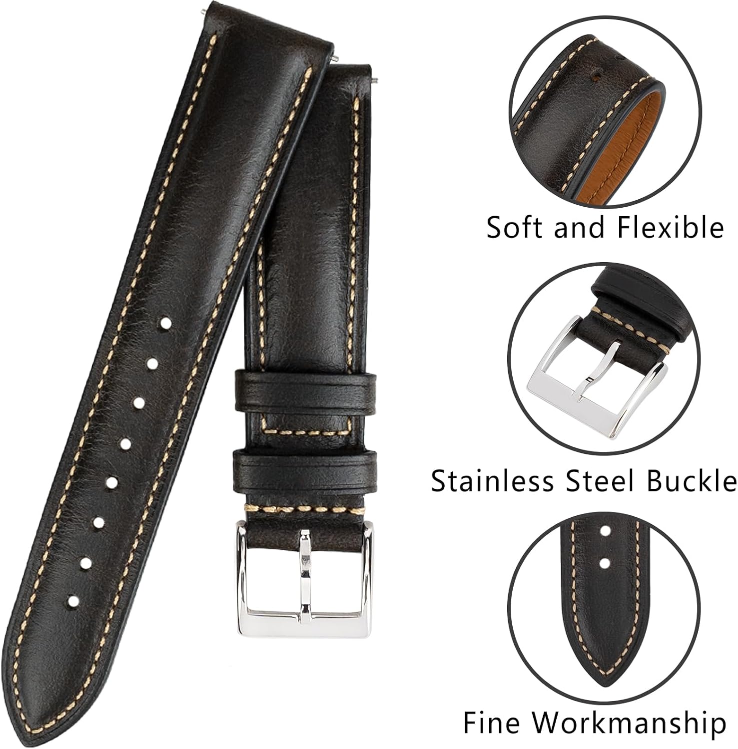 Quick Release Leather Watch Band 14mm 16mm 18mm 19mm 20mm 21mm 22mm 24mm,Vintage Oil Wax-tanned Pull-up Men's Watch