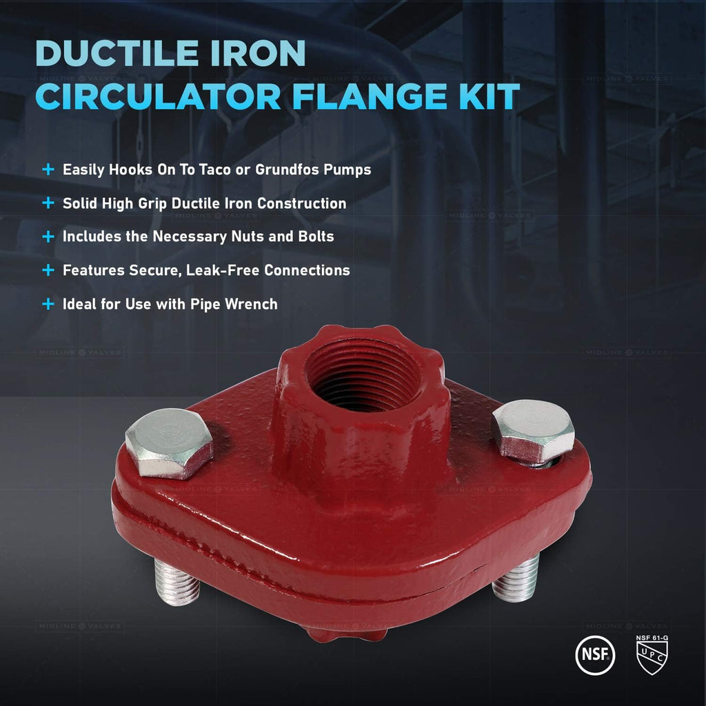 Midline Valve S1428S Red Circulator Flange with Nuts and Bolts for Grundfos Pumps; High Grip Ductile Iron; 1-1/2 in. FIP