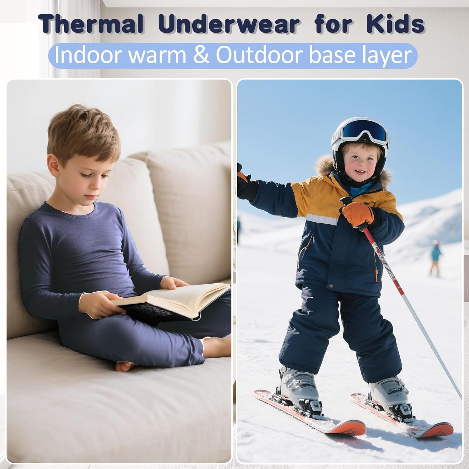 3 Sets Thermal Base Layer, Underwear for Kids on Winter | Fleece Lined, Moisture Wicking, 4 Way Stretch Long Johns