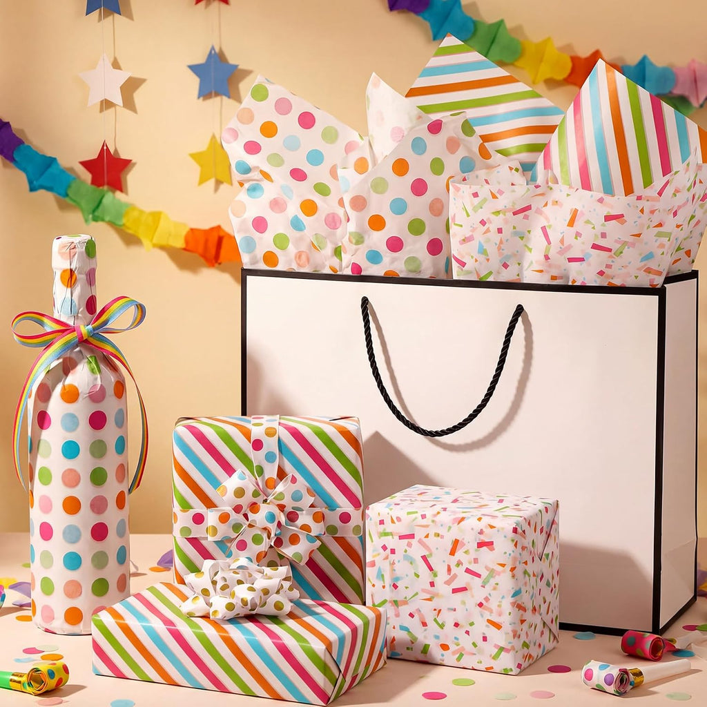 60 Sheets Rainbow Tissue Paper Polka Dot Stripe Confetti Bulk