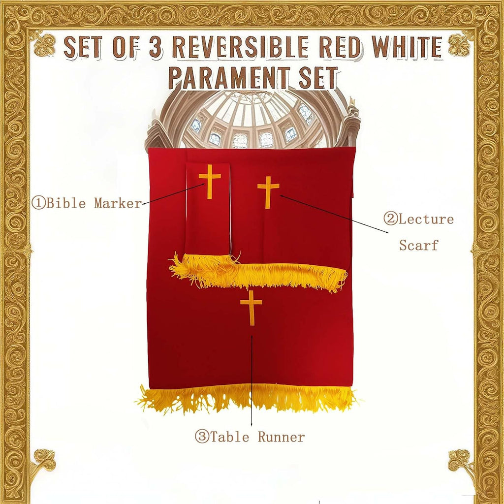 Set of 3 Reversible Parament Set,Pulpit Scarf and Communion Table Runner Bible Bookmark with Embroidered Cross Church