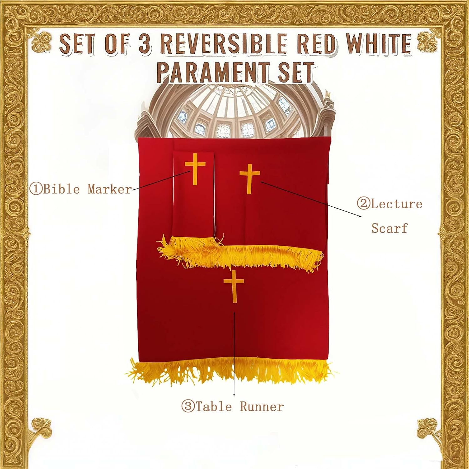 Set of 3 Reversible Parament Set,Pulpit Scarf and Communion Table Runner Bible Bookmark with Embroidered Cross Church