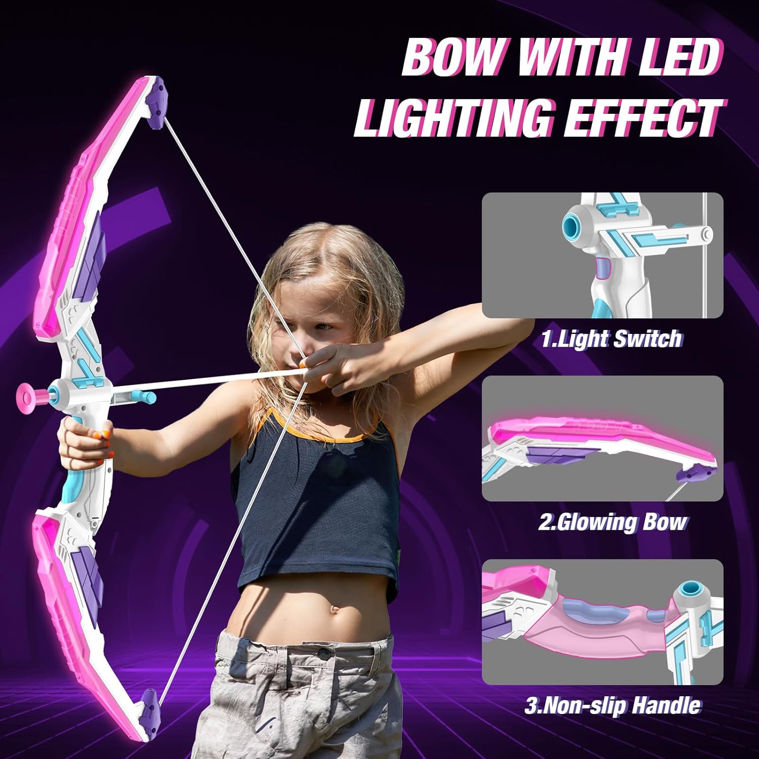 Bow and Arrow for Kids, LED Light Up Girls Archery Set | with 12 Suction Cup Arrows, 1 Hanging Target, 3 Score