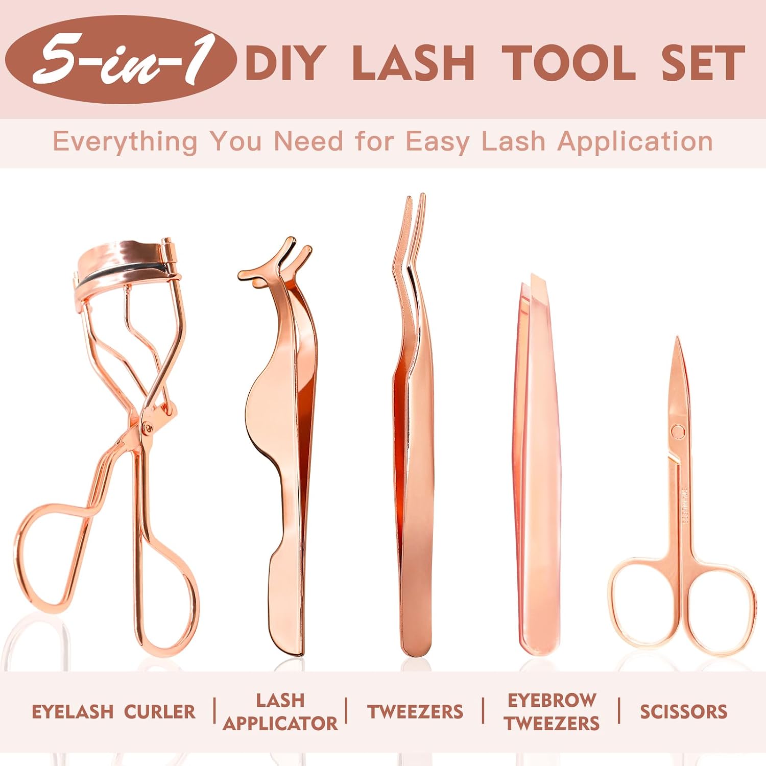5-in-1 Lash Applicator Tool Kit, Lash Tweezers Set | Eyelash Applicator, Tweezers, Curler and Scissors for Easy False
