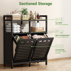 Bamboo Double Tilt Out Laundry Hamper Cabinet with 2 Bags, Black