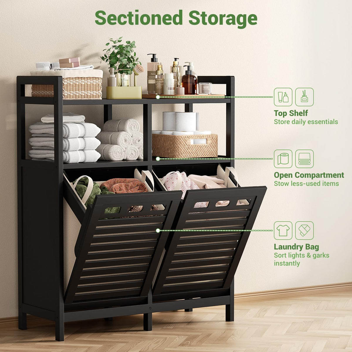 Bamboo Double Tilt Out Laundry Hamper Cabinet with 2 Bags, Black