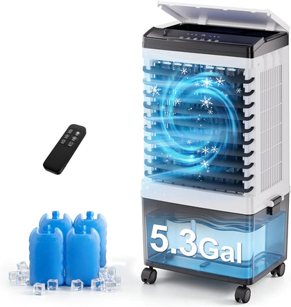 1800 CFM Swamp Cooler, Evaporative Air Cooler with 5.3 Gal Detachable Water Tank, 4 Ice Packs, 3-in-1 Portable AC