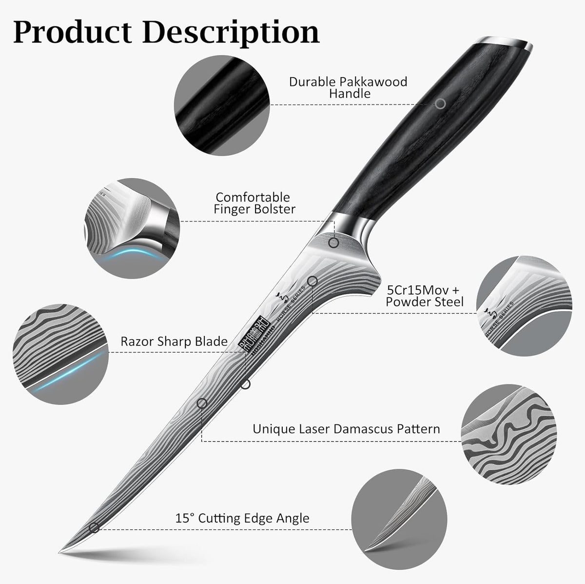Fillet Knife 7 Inch, Japanese Sharp Boning Knife, Flexible Blade