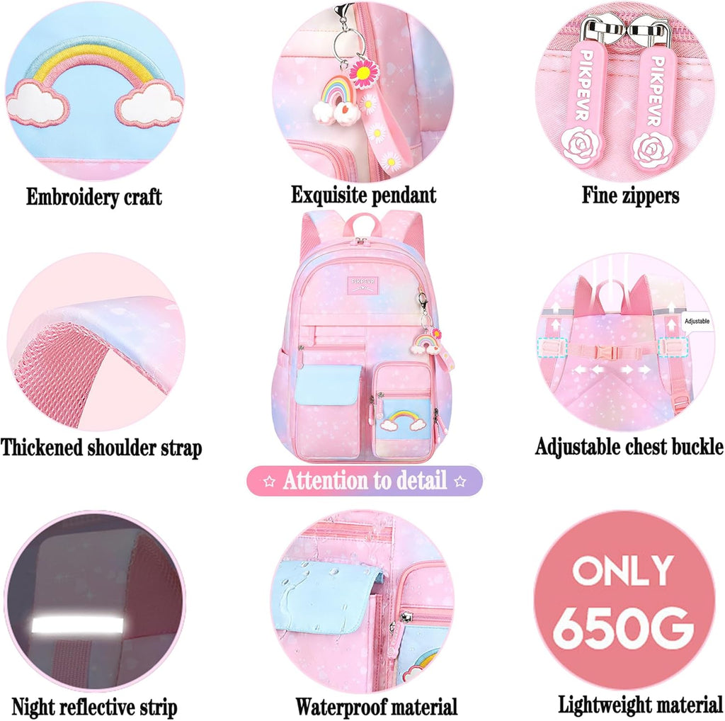 Rainbow Backpack For Girls Kids,Cute Student School Backpack With Pen Bag,Aesthetic Starry Rainbow Laptop Travel Bag