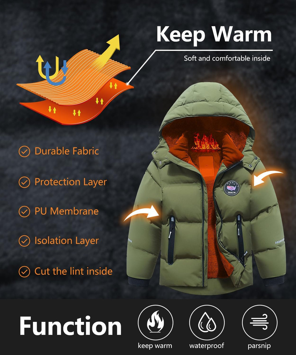 Kids Boy's Winter Coat | Fleece Lined Waterproof Jacket Puffy Cotton Coat Thick Hooded Down Outdoor Coats