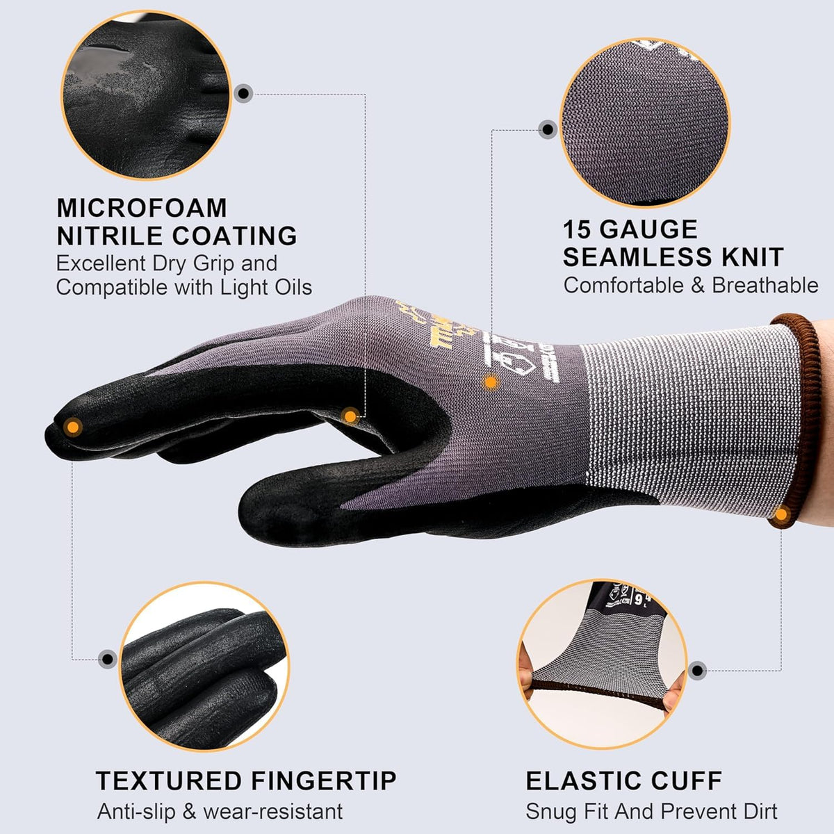 Work Gloves, MicroFoam Nitrile Coated, Seamless Knit Nylon