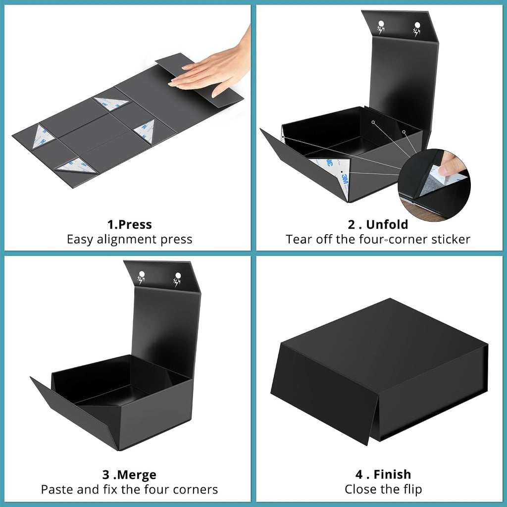 Gift Box 7.5''x7.2''x2.8'' Black Gift Boxes with Magnetic Lids for Presents, Rectangle Collapsible Luxury Gift Box