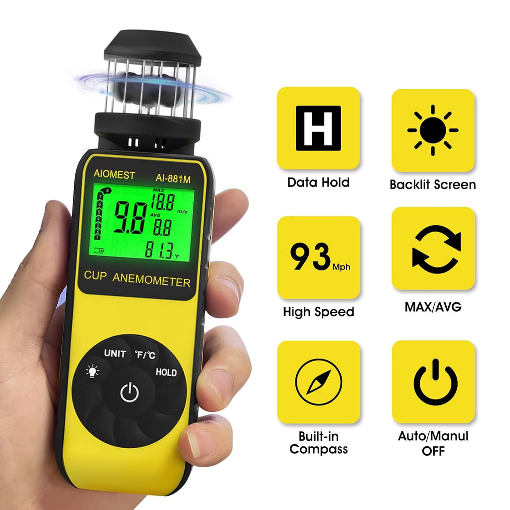 Handheld Anemometer Wind Cup 93MPH, AIOMEST 881M Air Flow Speed Meter Gauge
