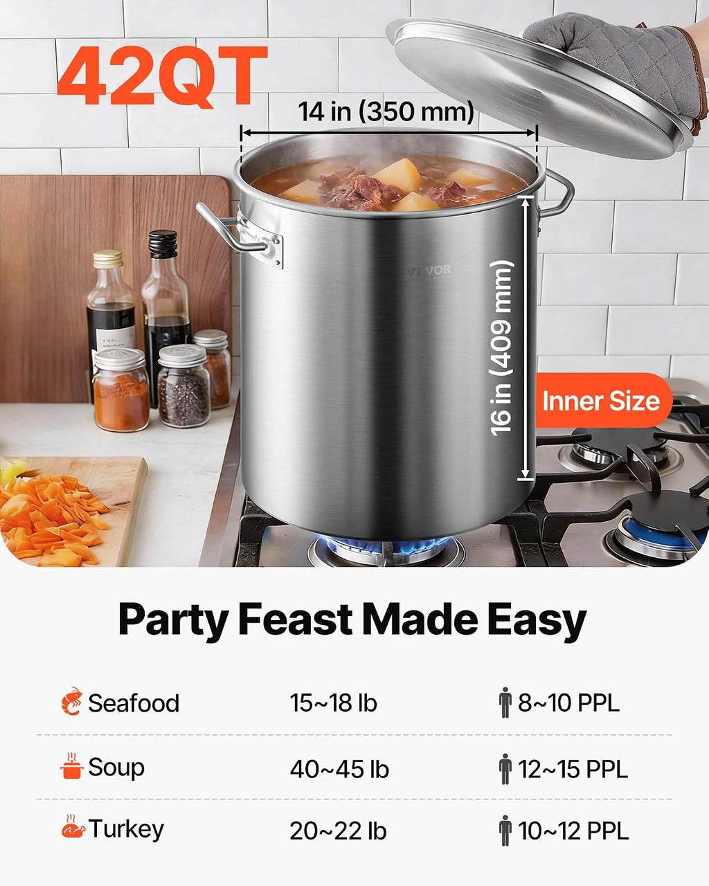 Stainless Steel Stockpot, 42 Quart Large Cooking Pots, Cookware Sauce Pot with Strainer, Lid, and Handle, Heavy Duty