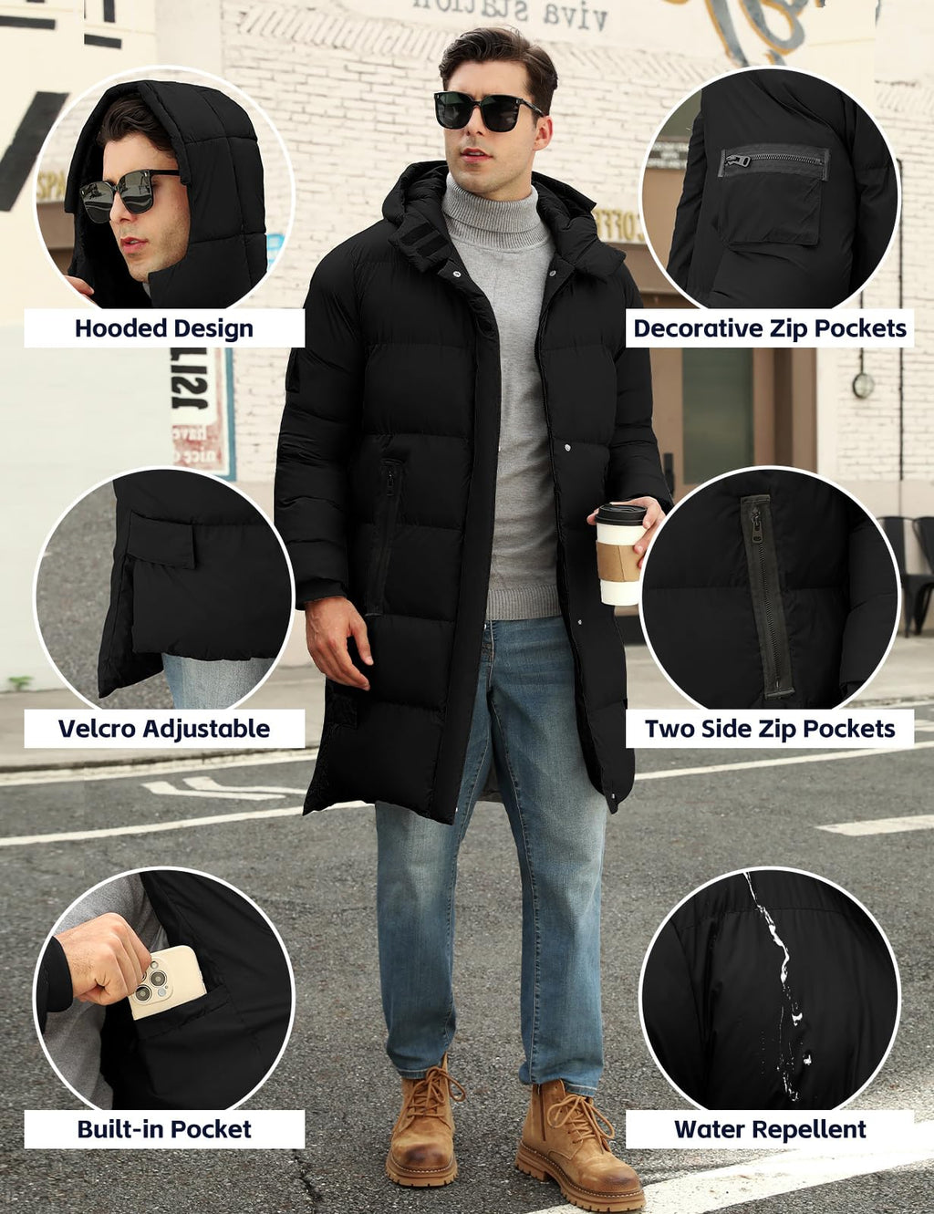 Men's Long Puffer Coat Hooded Quilted Water-Resistant Jacket
