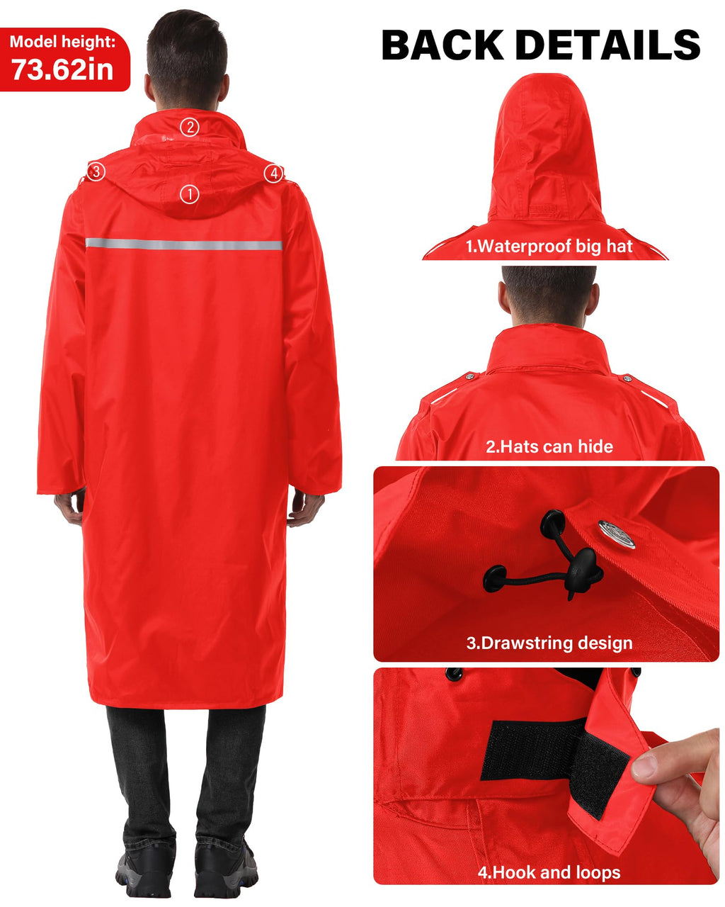 Raincoat Waterproof Hi Vis Reflective Long Rain Jacket Unisex (M, Red)