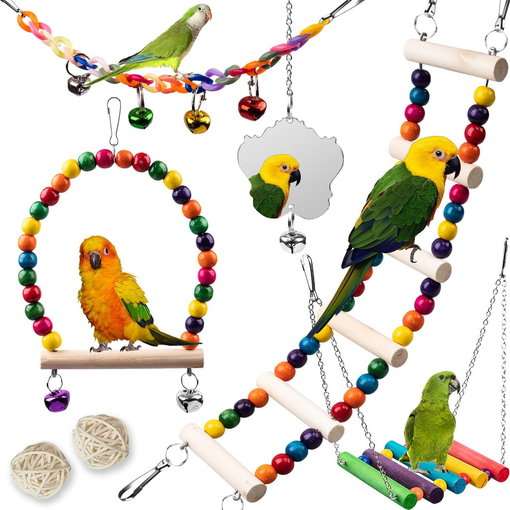Bird Toys for Parakeets 7Pcs, Wood Parrots Budgie Cage Accessories, Bird Perch Swings for Small Conure Cockatiel