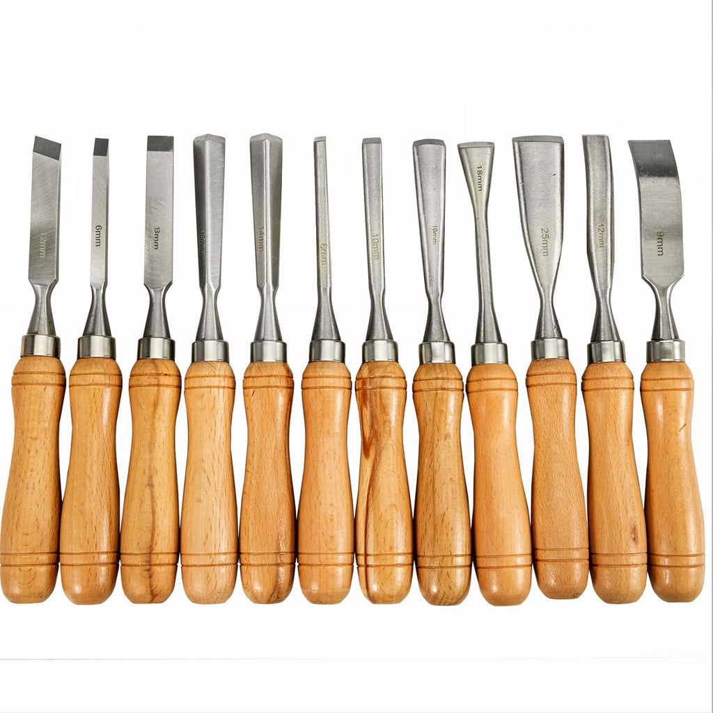 Wood Chisel Sets 12pcs，Carving Hand Chisel 3-3/4Inch Blade Length with Red Eucalyptus Handle,Wood Tool Box