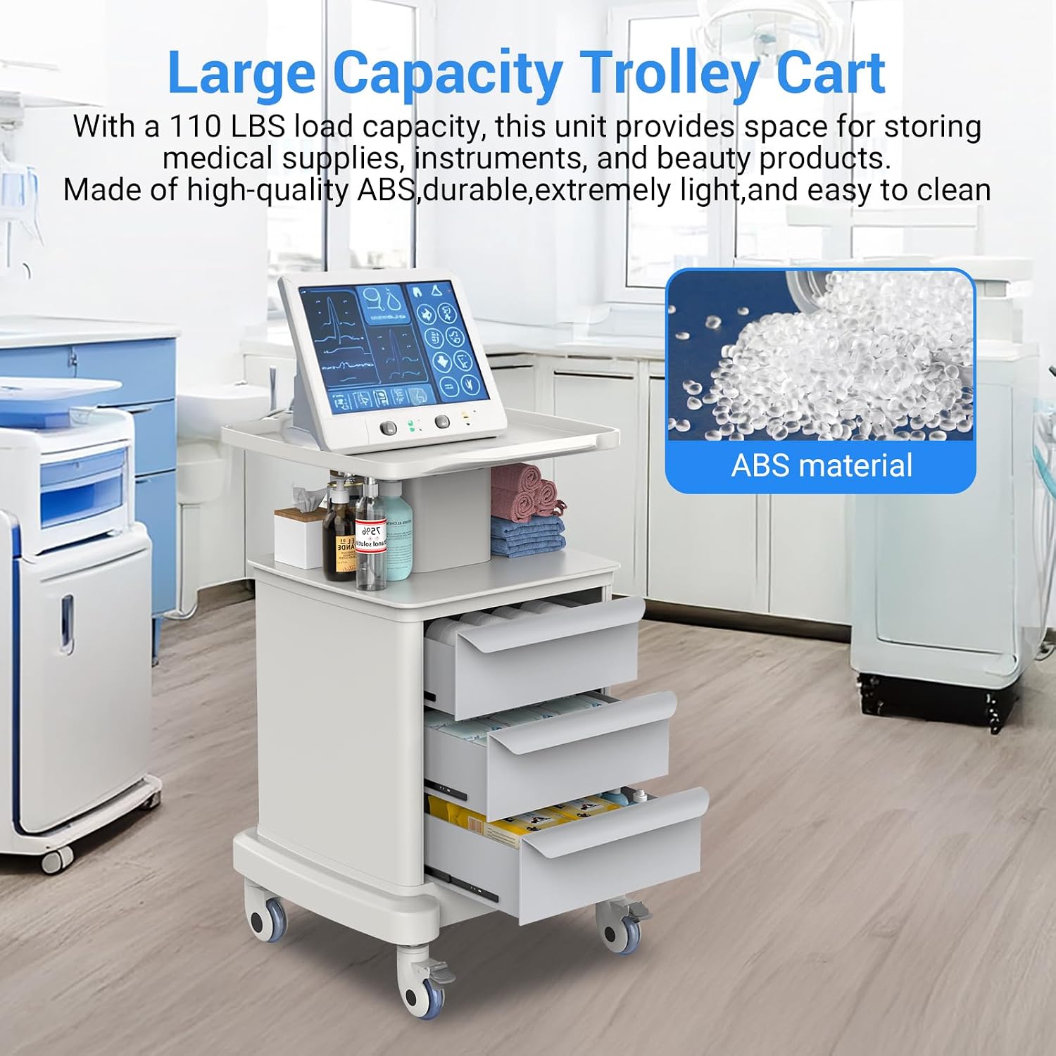 Medical Carts with Wheels and Drawers, Mobile Ultrasound Cart, Rolling Dental Implant Cart with Caster Wheels, Beauty