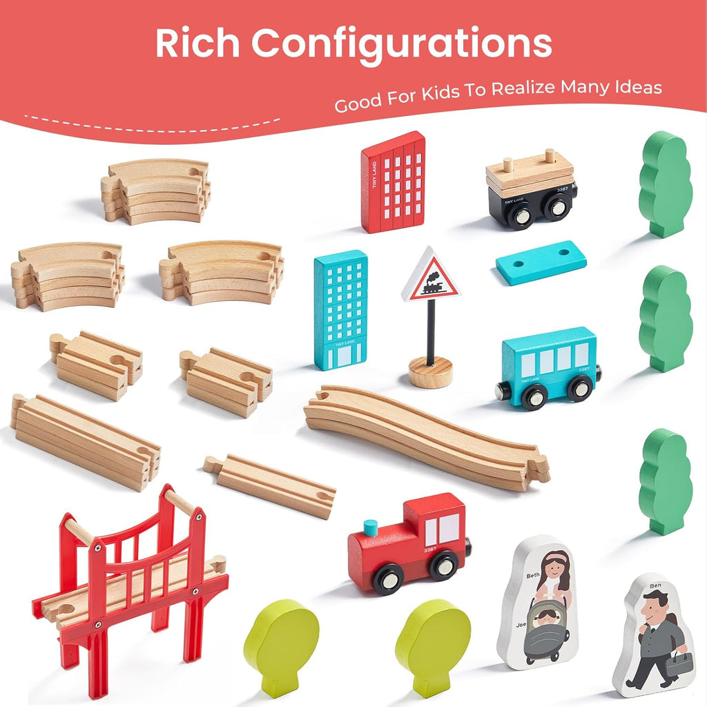 39 Pcs Wooden Train Set for Toddler with Wooden Tracks | Compatible with Major Brands, Expandable, Changeable Train