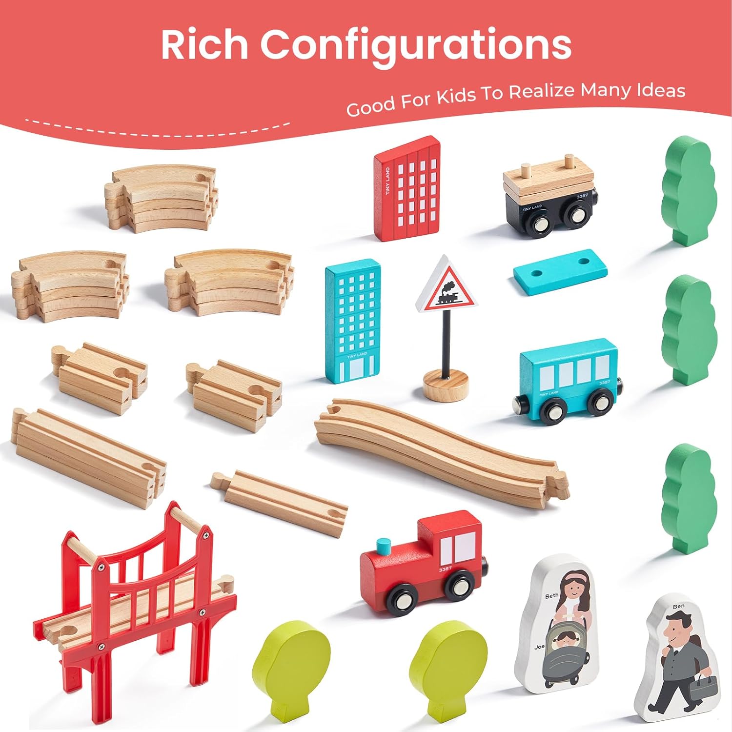 39 Pcs Wooden Train Set for Toddler with Wooden Tracks | Compatible with Major Brands, Expandable, Changeable Train