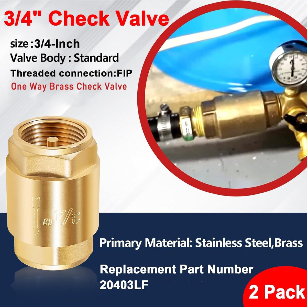 2 Pcs 3/4 NPT Thread Spring Check Valve, Brass Non Return One Way Valve Horizontal Vertical Inline Water Spring Check Valve for Well, Pump, Tank, Backflow Prevention 2 Pack
