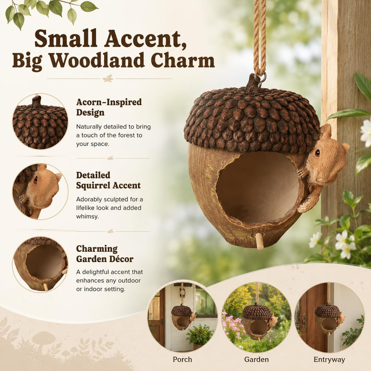 Acorn Bird House for Outside, Hand-Painted Resin Hanging Birdhouse with Squirrel, Weather-Resistant Decorative Bird