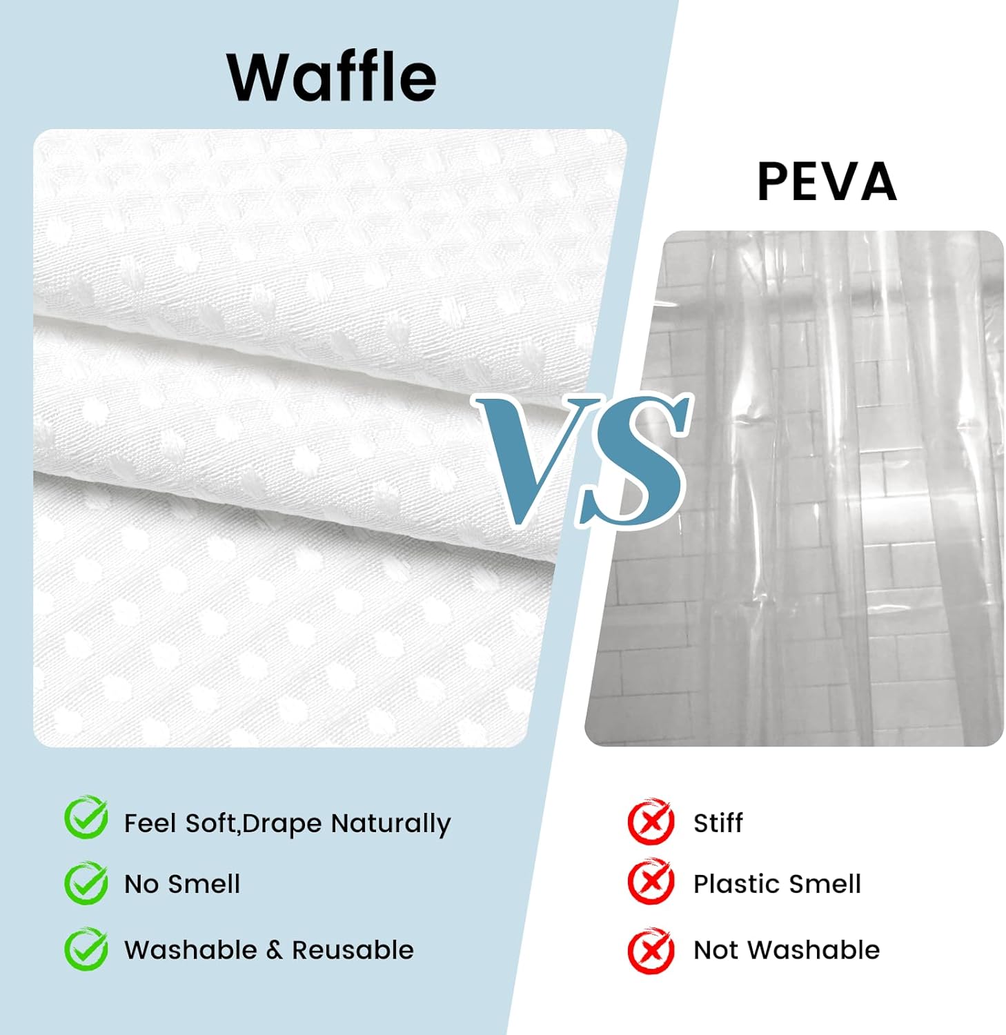 No Hook Shower Curtain with Snap in Liner Set Waffle Shower Curtain for Bathroom Hotel Style Fabric Waterproof Inner