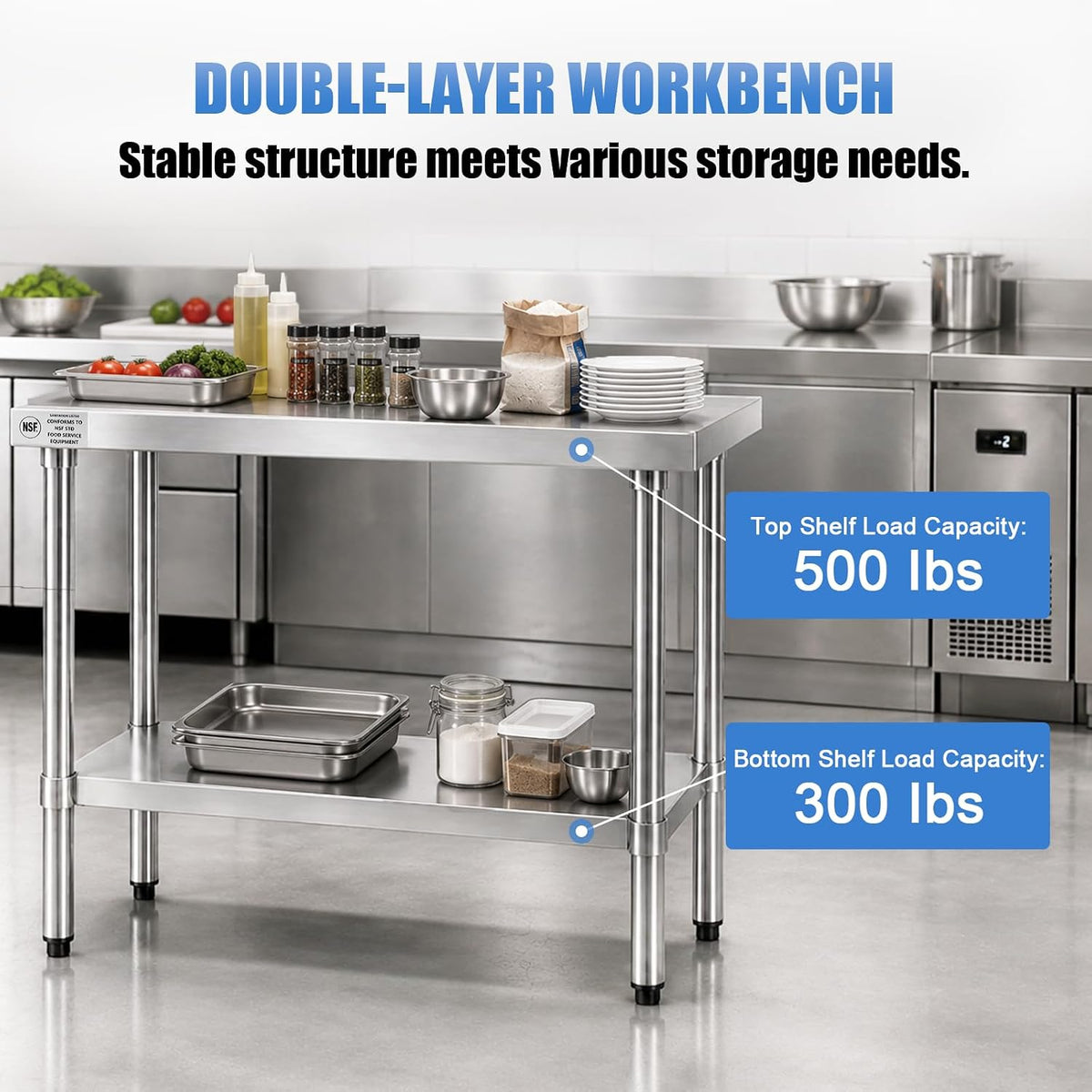 24 x 24 Inch Stainless Steel Work Table with Adjustable Undershelf, Commercial Kitchen Prep Table with Adjustable
