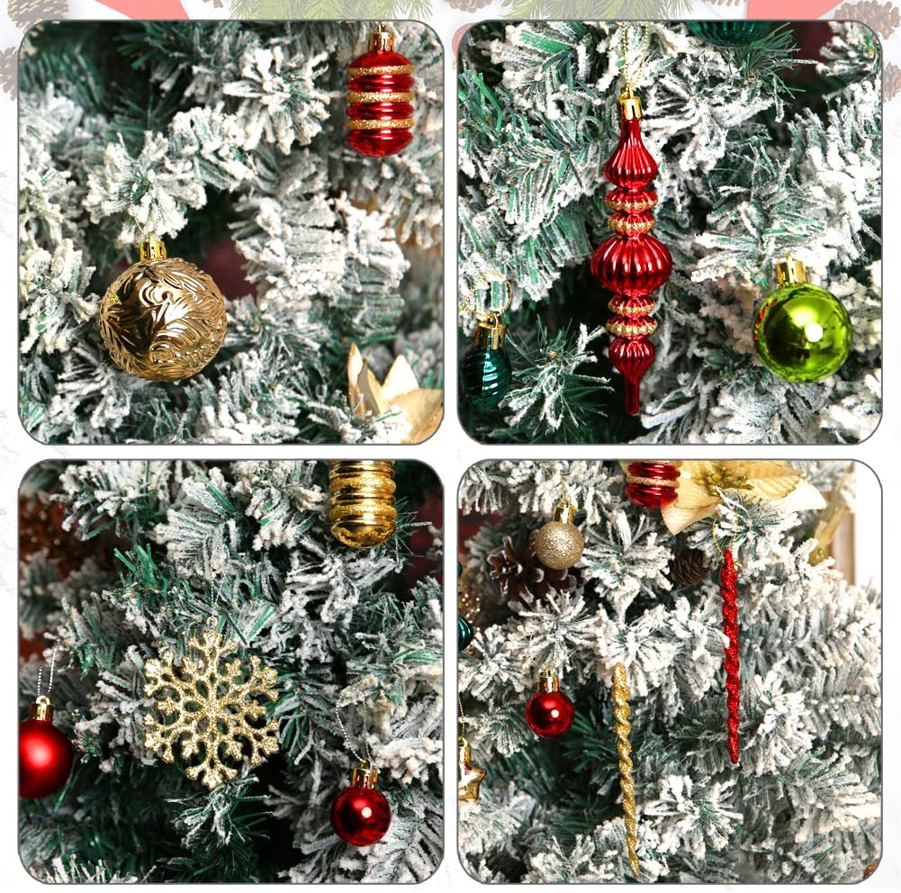 Christmas Tree Ornaments Set 78 Pack Red and Green Gold Christmas Baubles | Christmas Ball Shatterproof Hanging Tree