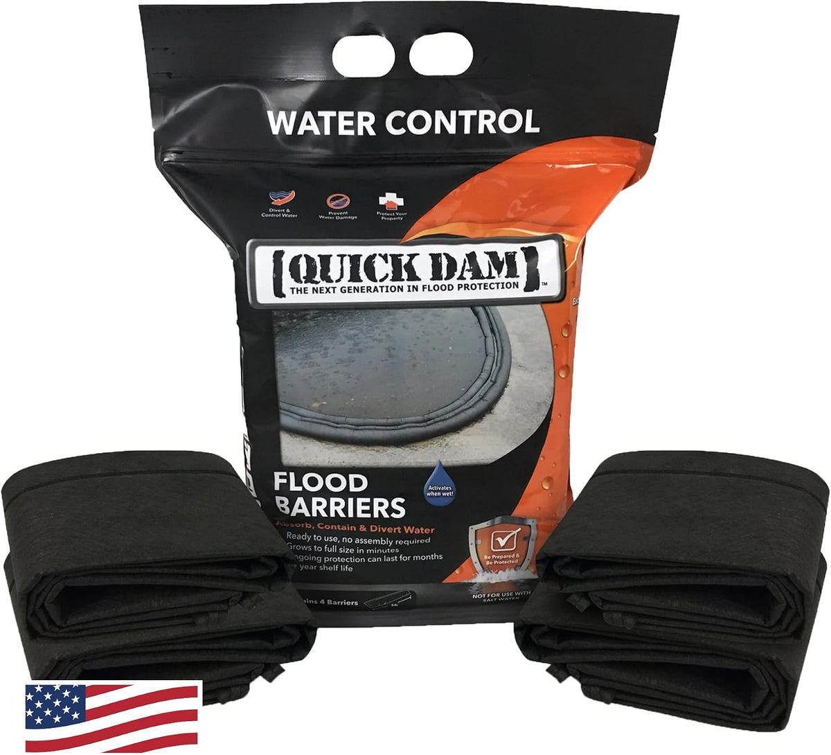 QD65-4 Water Activated 5ft Flood Barrier, 4 Pack, Black | absorb, contain & divert problem flood water