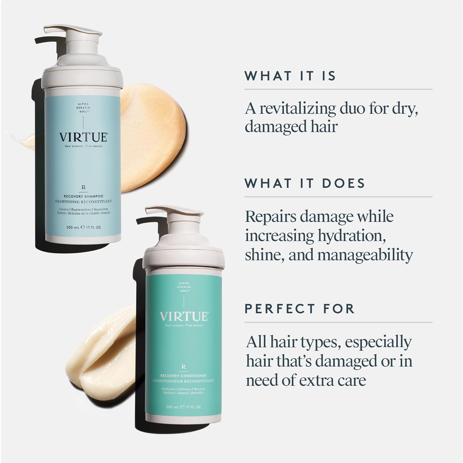 Virtue Recovery Sulfate Free Shampoo and Conditioner Set with Keratin Hydrates, Softens, and Renews Damaged Hair