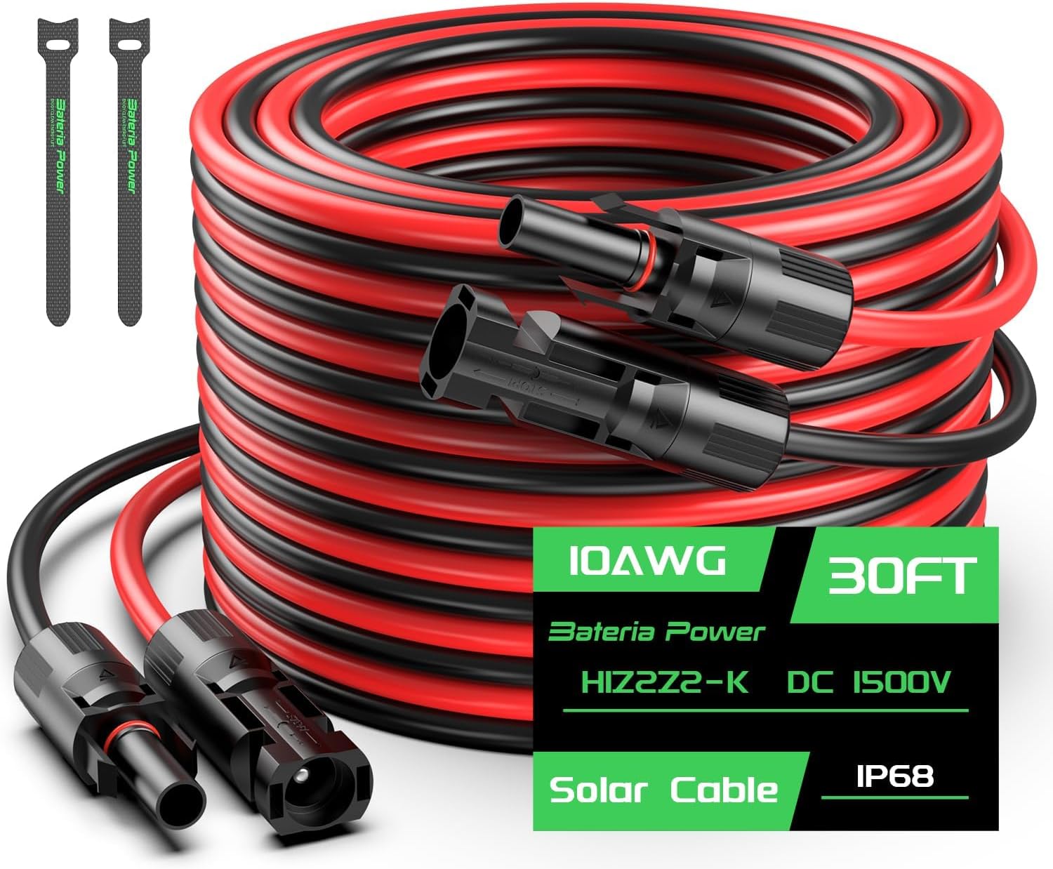 30FT 10AWG Solar Panel Extension Cable, Bateria Power 6mm² Solar Extension Cable Wire with Female & Male Waterproof