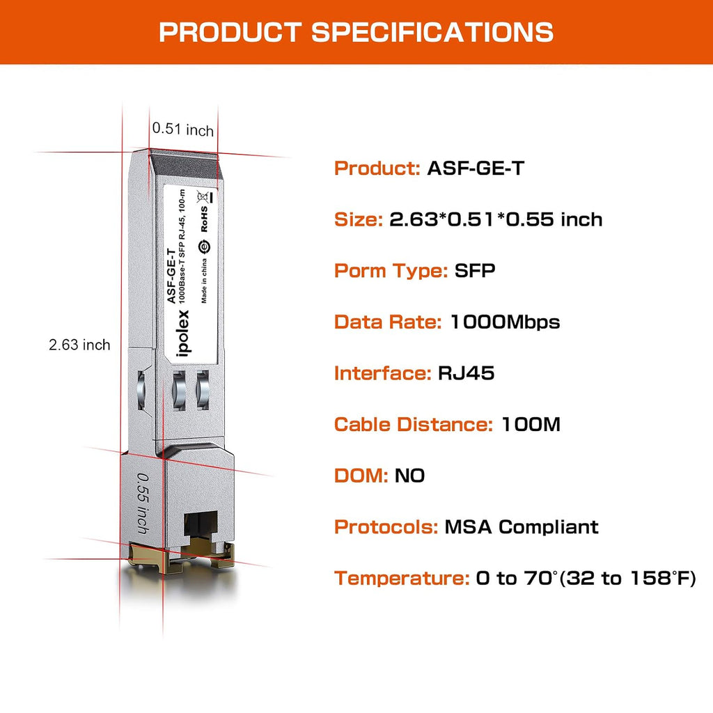 ipolex Gigabit SFP to RJ45 Copper Transceiver 1000Base-T, 1.25G SFP-T Copper SFP Module, for Ubiquiti UniFi UF-RJ45-1G/UACC-CM-RJ45-1G, Cisco, Mikrotik, Netgear, TP-Link, and More(CAT5e/6,100m)