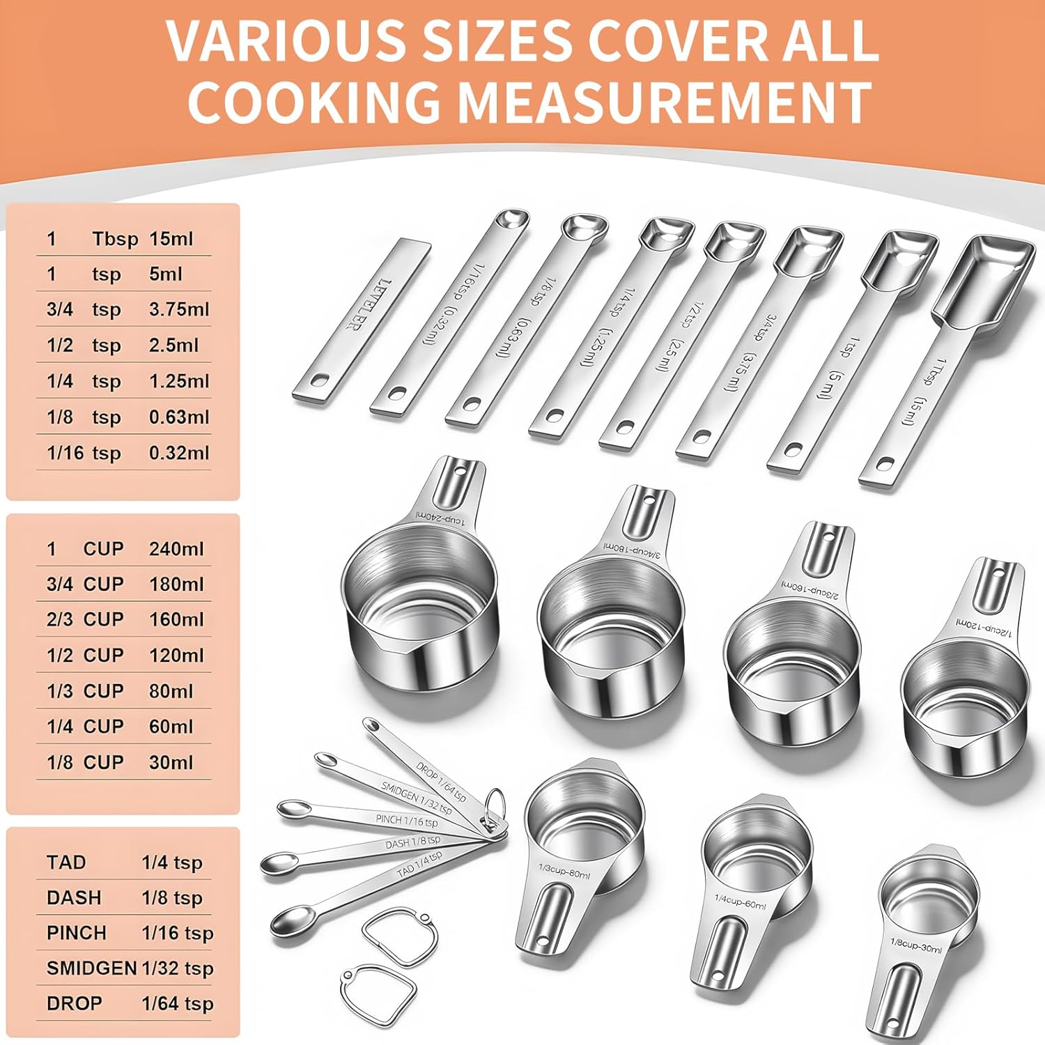 Measuring Cups and Spoons Set, 7 Stainless Steel Nesting Measuring Cups & 7 Spoons, 5 Mini Measuring Spoons &1