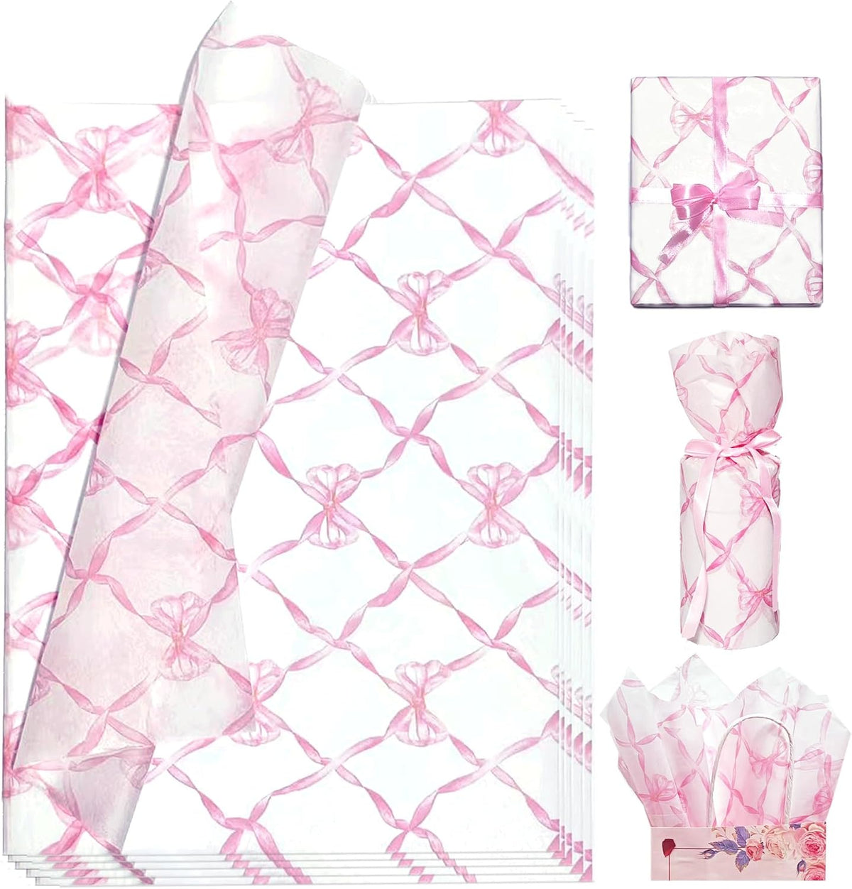 Pink Bow Tissue Paper, Cute Girly Gift Wrapping Tissue Paper For Gift Bags Packaging, Matte Gift Wrap Tissue For