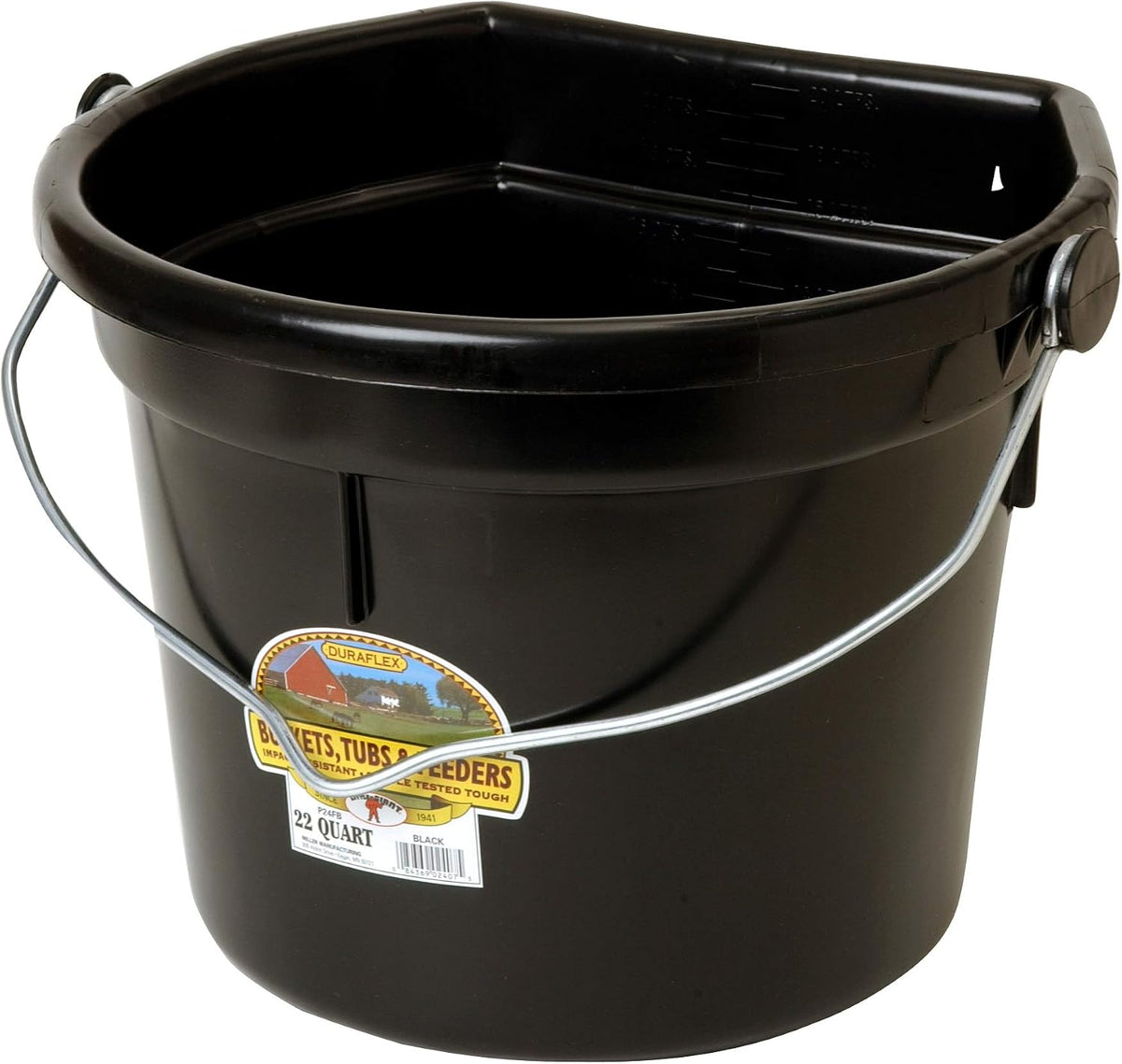 Plastic Animal Feed Bucket | Flat Back Feed Bucket with Knob Ball & Metal Handle | Made in USA | 22 Quarts | Black