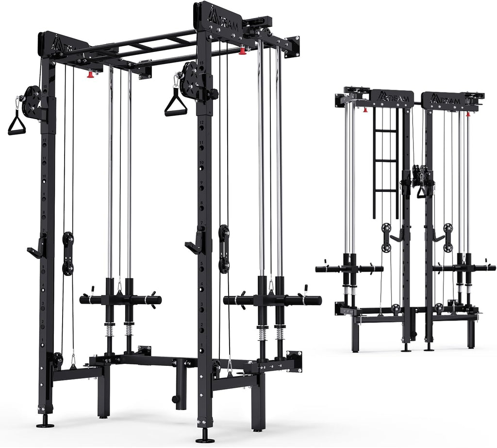 Folding Squat Rack, Wall Mounted Power Rack with Dual Pulley System | Space Saving, All-in-one Trainer, with Cable