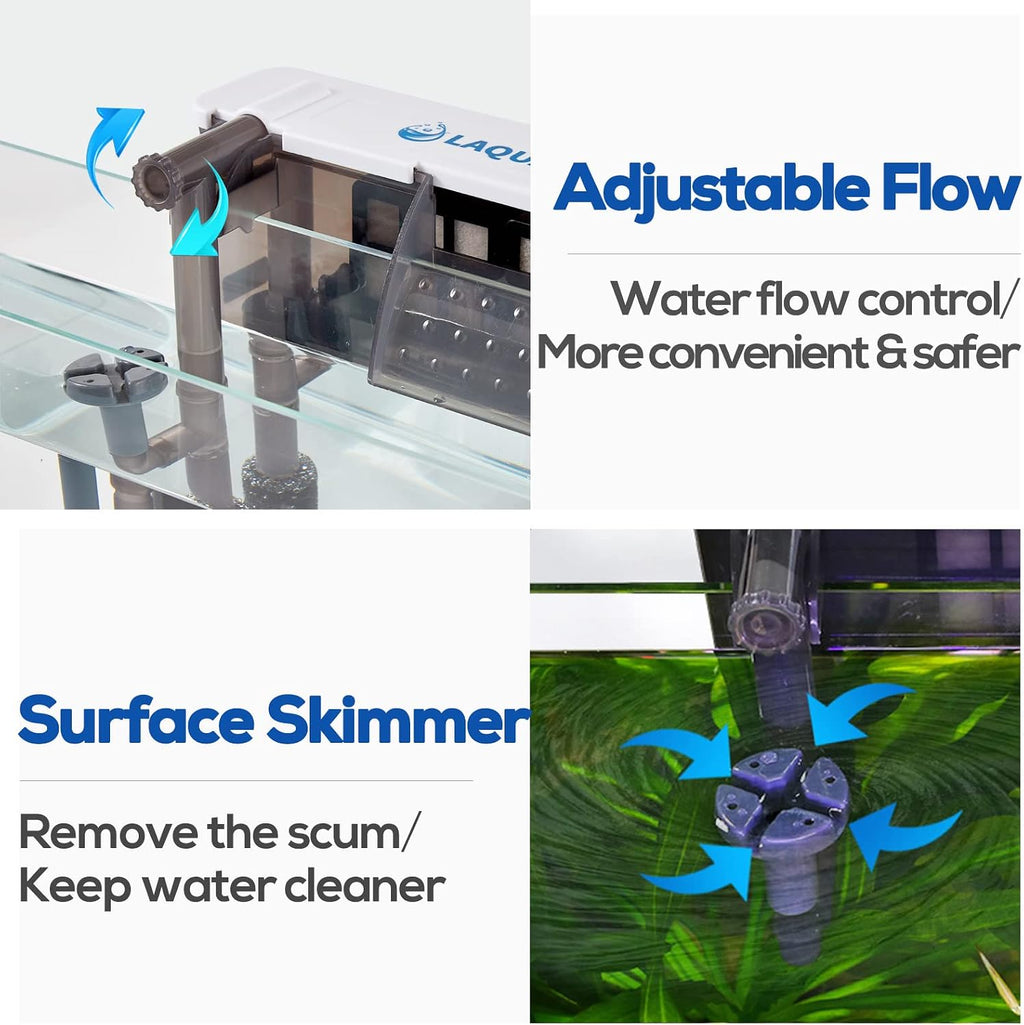 Aquarium Filter with Surface Skimmer, 30-50 Gallon Small Fish Tank Filter, Full Contact & 3 Layer Filtration, Quiet &