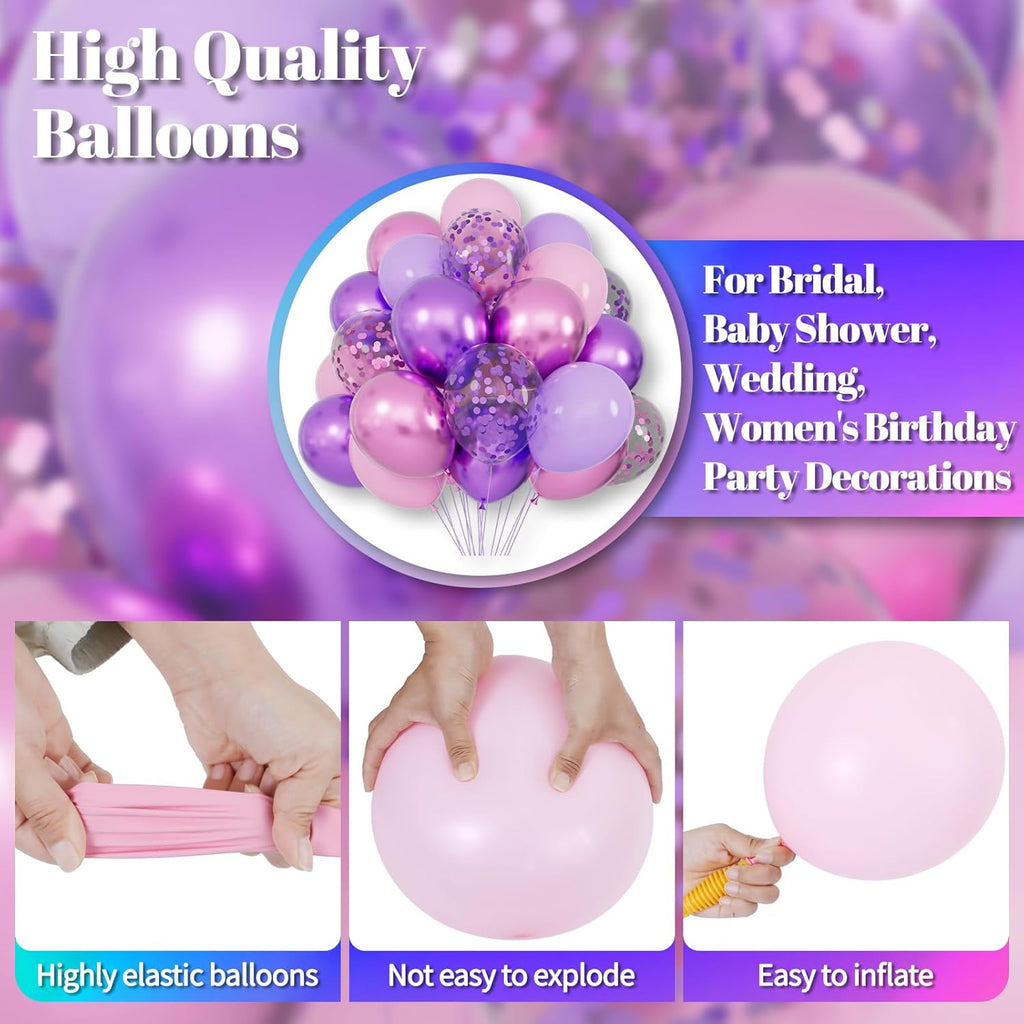 Pink and Purple Balloons, 68PCS 12 Inch Metallic Purple Pink Confetti Latex Balloons with Ribbon, Party Balloons for