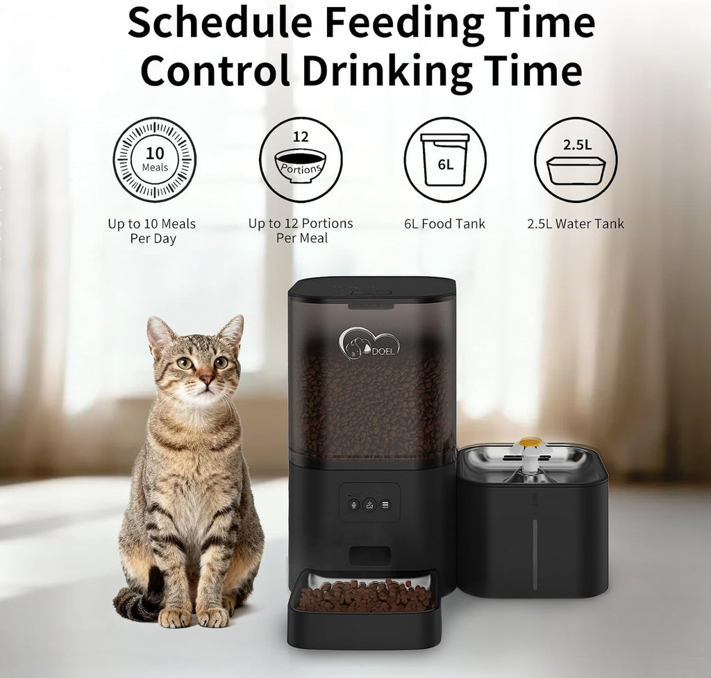 2.4GHz WiFi Automatic Cat Feeder and Water Fountain, 6L/24 Cups Timed Dry Food Dispenser for 2.5 Weeks, with APP