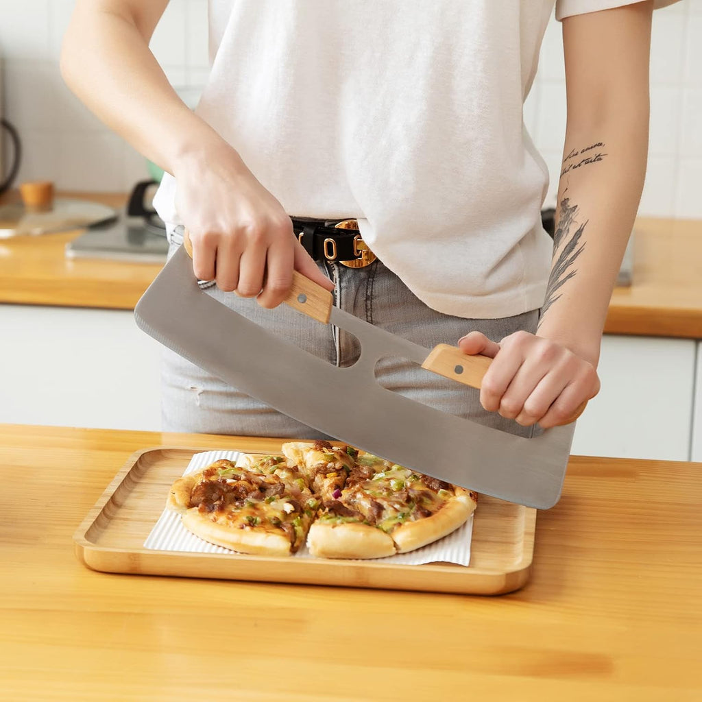 Pizza Cutter Rocker with Wooden Handles & Protective Cover by ZOCY, 14" Sharp Stainless Steel Pizza Slicer Wheel, Big
