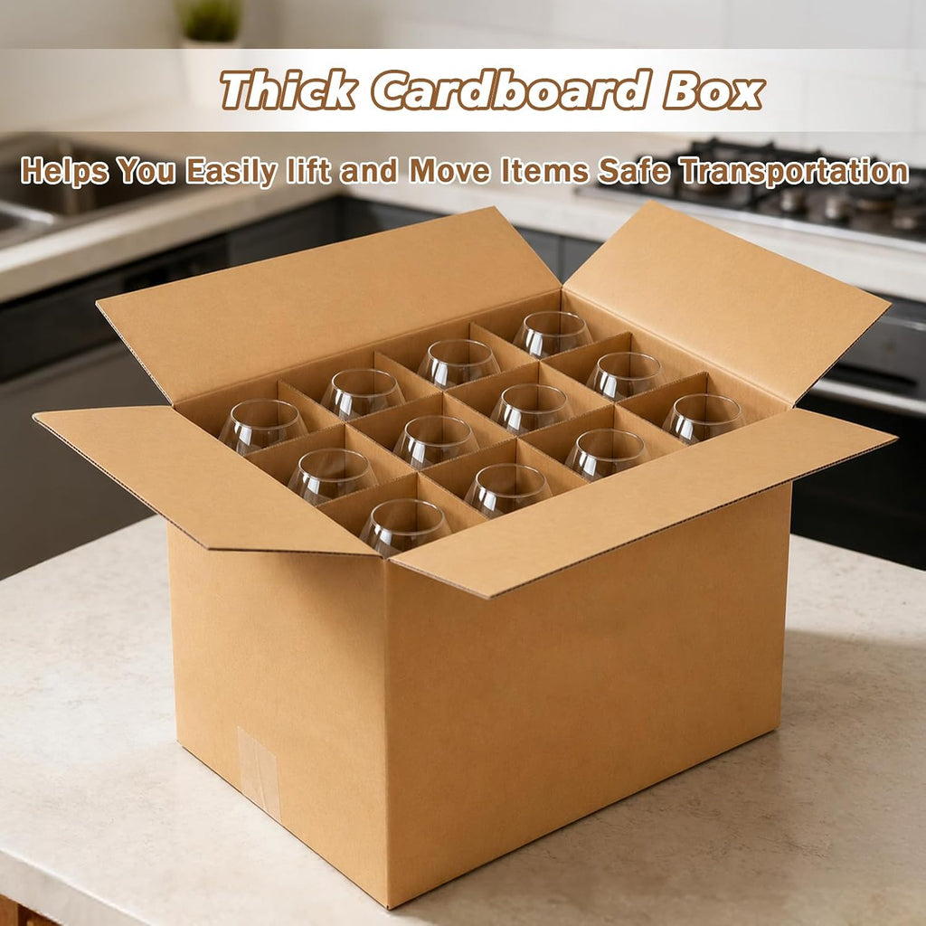 4 Set Moving Boxes with Glasses Divider Kits, Glass Packing Kit with 16x12x12 In Box, 3x4 Grid Corrugated Dividers